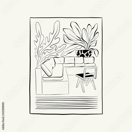Abstract landscape interior contemporary minimal aesthetic. Hand drawn linear illustrations for wall decoration, postcards or brochures, cover design, stories, social media, app design.