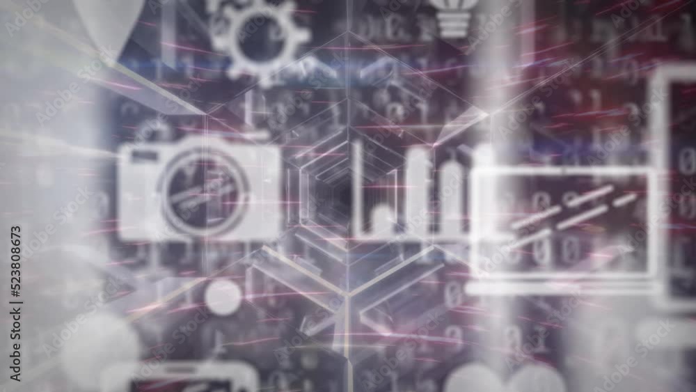 Animation of tech icons over tunnel with data processing Animation of tech icons over tunnel with data processing