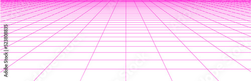 Grid floor background, perspective view. Neon pink colored 80s retro design.
