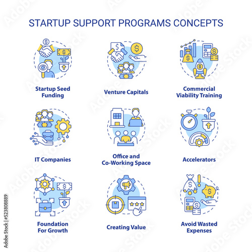 Startup support programs concept icons set. Funding small business idea thin line color illustrations. IT companies. Isolated symbols. Editable stroke. Roboto-Medium, Myriad Pro-Bold fonts use