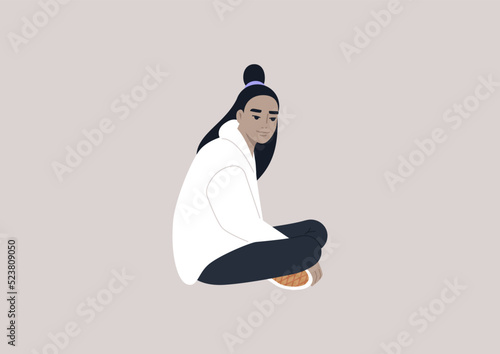 A young female Asian character sitting on the floor with their legs crossed