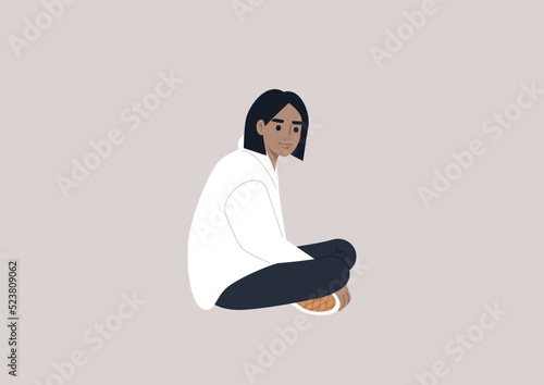 A young female Caucasian character sitting on the floor with their legs crossed