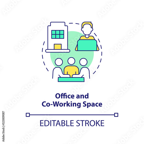 Office and co-working space concept icon. Startup program abstract idea thin line illustration. Effective collaboration. Isolated outline drawing. Editable stroke. Arial, Myriad Pro-Bold fonts used