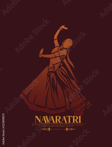 Happy Durga Puja Subh Navratri, Garba Night poster for Navratri Dussehra festival of India, couple playing Dandiya dance.