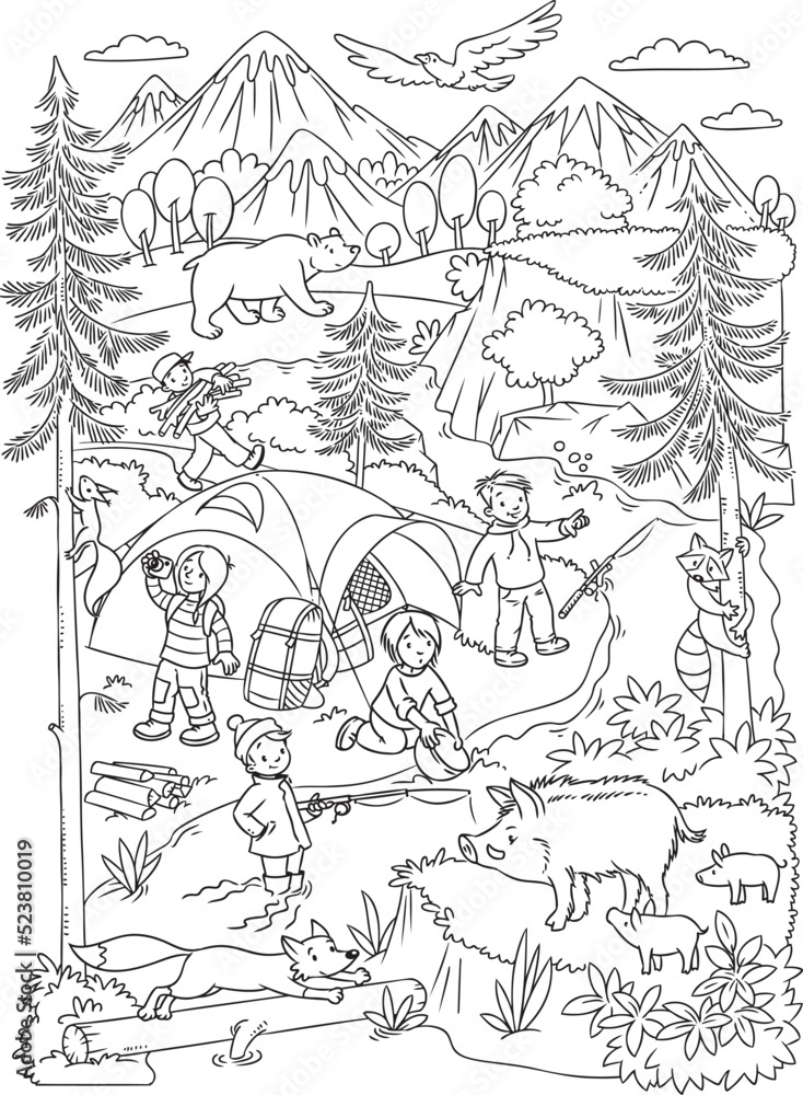 Fototapeta premium Young hikers or tourists in the wild Coloring book