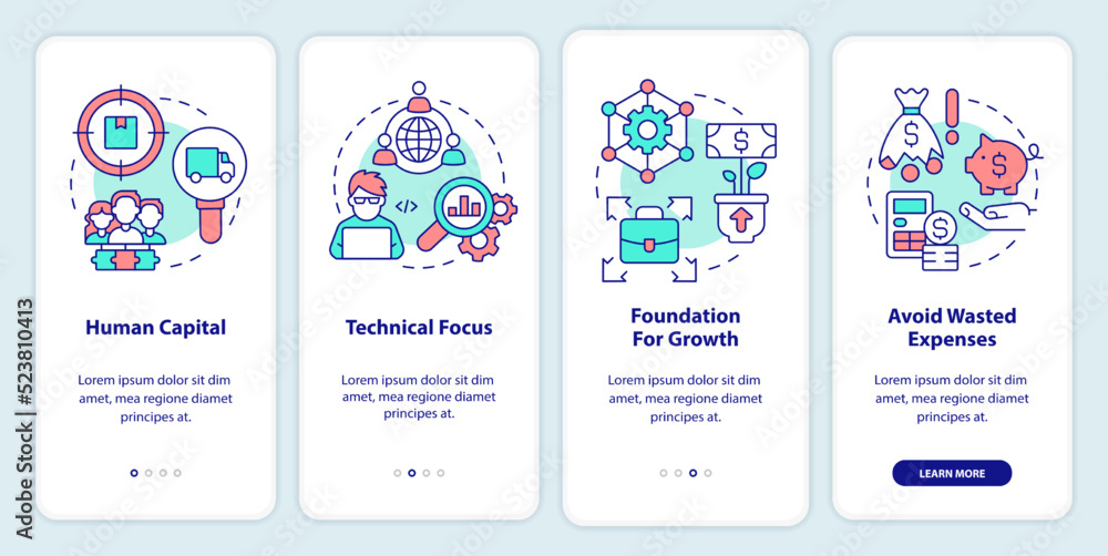 Startup consulting spheres onboarding mobile app screen. Human capital walkthrough 4 steps editable graphic instructions with linear concepts. UI, UX, GUI template. Myriad Pro-Bold, Regular fonts used