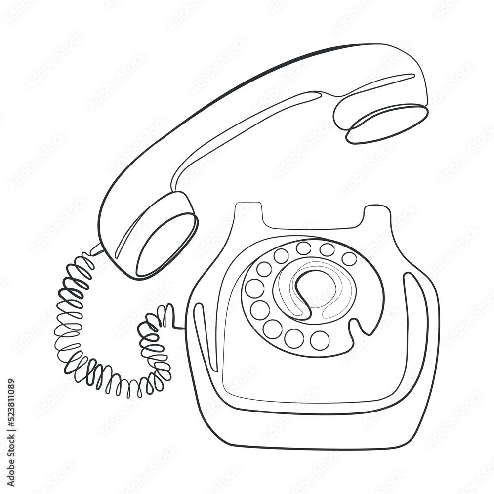 Old rotary telephone Line art black and white drawing.Retro telephone