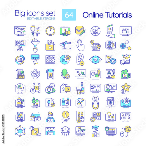 Online tutorials RGB color icons set. Educational content. Elearning. Isolated vector illustrations. Simple filled line drawings collection. Editable stroke. Quicksand-Light font used