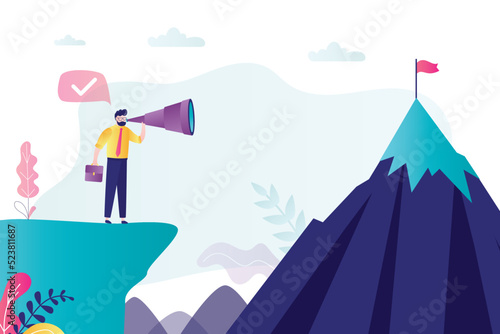 Confident businessman is looking through big telescope or spyglass. Global business vision. Predicting financial future. Leadership, choice of development path or new targets.