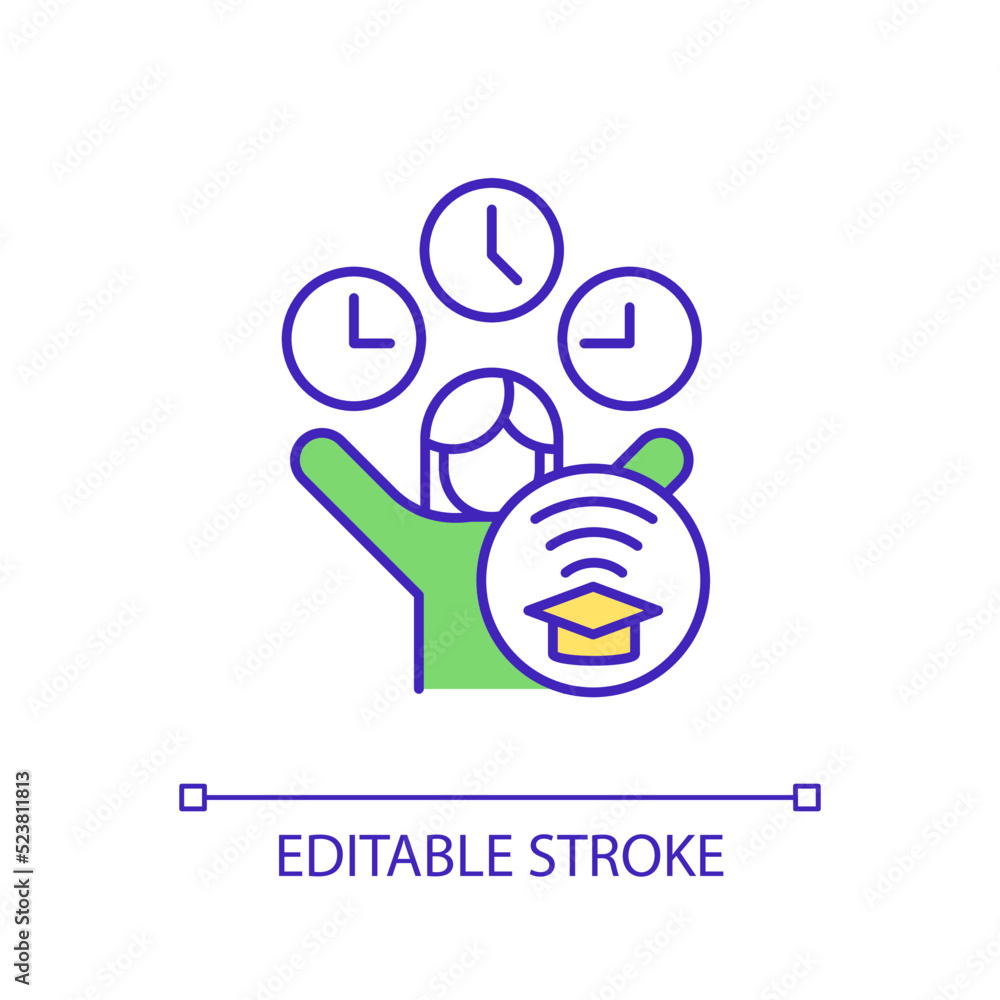 Flexible education schedule RGB color icon. Study any time. Online tutorials and education. Elearning. Isolated vector illustration. Simple filled line drawing. Editable stroke. Arial font used Flexible education schedule RGB color icon. Study any time. Online tutorials and education. Elearning. Isolated vector illustration. Simple filled line drawing. Editable stroke. Arial font used