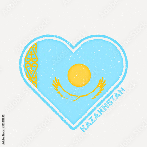 Kazakhstan heart flag badge. Kazakhstan logo with grunge texture. Flag of the country heart shape. Vector illustration.