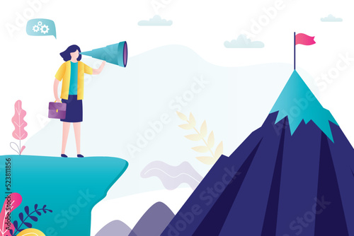 Confident businesswoman is looking through big telescope or spyglass. Global business vision. Predicting financial future. Leadership, choice of development path or new targets.