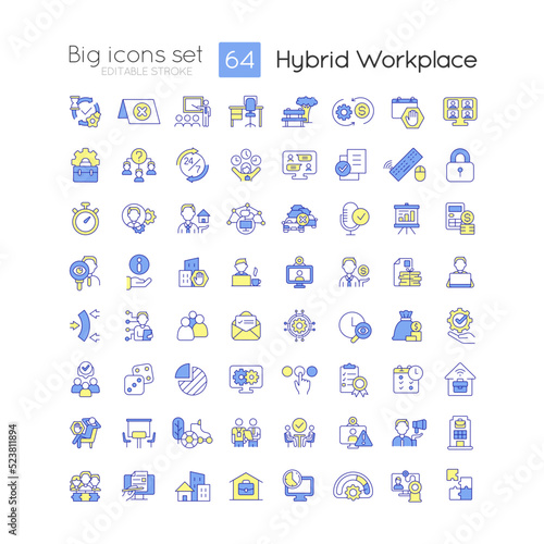 Hybrid workplace RGB color icons set. Telework and in office schedule. Isolated vector illustrations. Simple filled line drawings collection. Editable stroke. Quicksand-Light font used