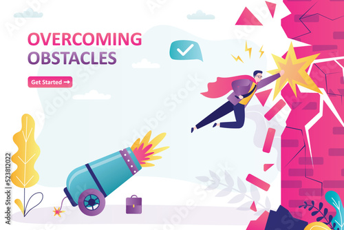Super hero fly from cannon and breaks brick wall. Businessman overcomes obstacles, landing page. Worker man solves business or financial problems. Achievement of set goals and leadership.
