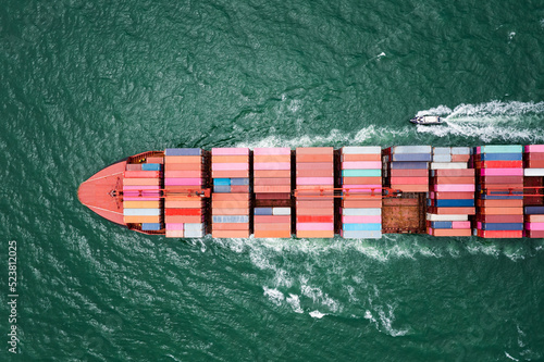 aerial top view of container ship logistics goods transportation import export International by container cargo ship in the ocean, global business and industry service concept,