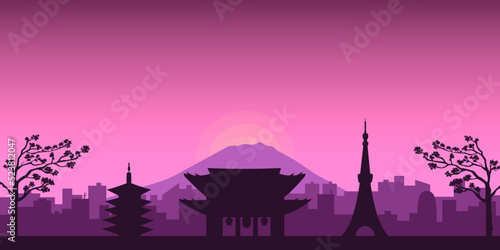 night silhoutte city with asian houses