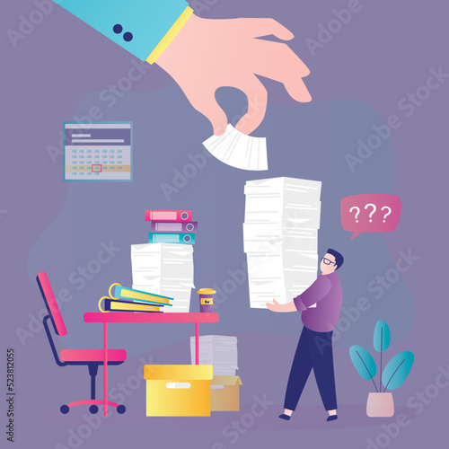 Boss adds even more work to employee. Tired man carries large stack of documents