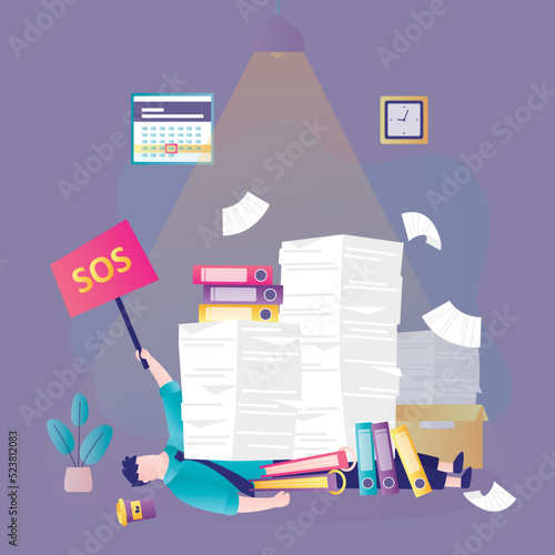 Office worker swamped with paperwork. Overworked businessman asking for help