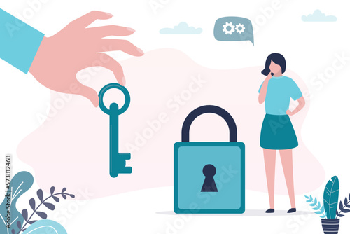Businesswoman stands near closed padlock and thinking. Difficulty making decisions, uncertainty. Confident colleague or partner gives big key. Assistance in work,