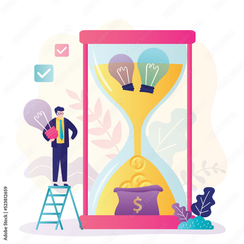 Time management, hourglass with new ideas and profit. Innovation brings profit. Male entrepreneur is preparing new business project. Profitable enterprise.