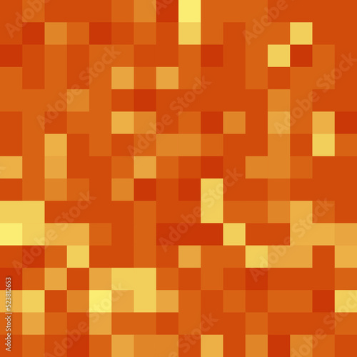 Pixel minecraft style fiery lava block background. Concept of game pixelated seamless square orange yellow dots background. Vector illustration