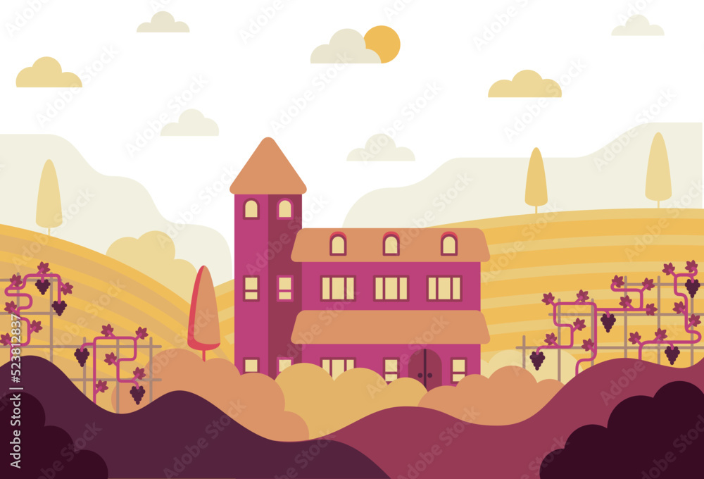 Big house with a tower among vineyard, vector cartoon illustration in flat stile