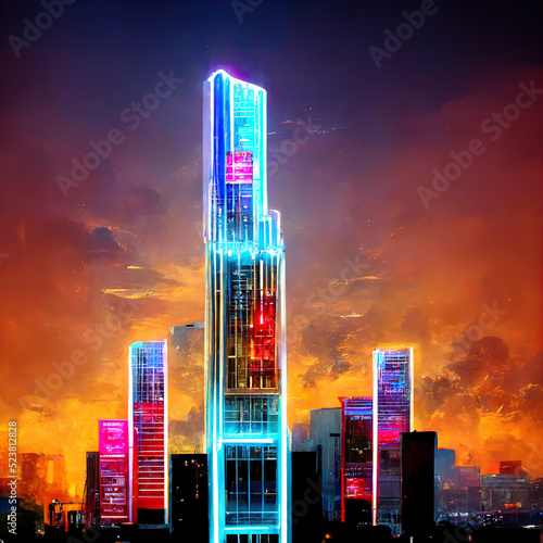 Neon city of the future. Panorama of the night city, neon lights of a large metropolis. 3D illustration. Concept art.