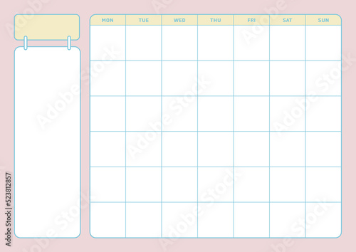 A monthly calendar template in a colorful and cute style. Note, diary, planner, calendar design template.