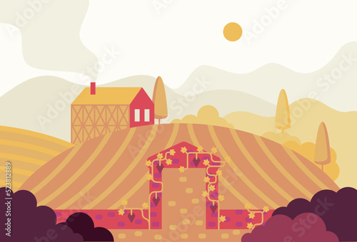 Stone gate, entrance to the vineyard, vector cartoon illustration in flat stile