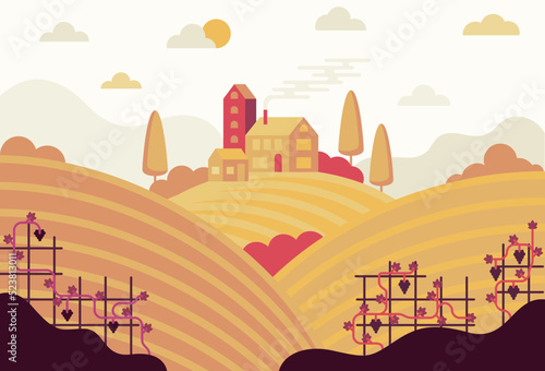 Vineyard hills farm  vector cartoon illustration in flat stile
