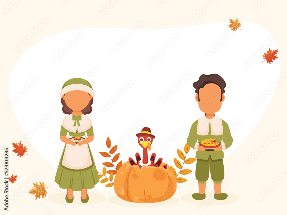 Faceless Pilgrim Couple Character Holding Pie Cake With Turkey Bird Inside Pumpkin, Autumn Leaves Against Background For Thanksgiving Festival.
