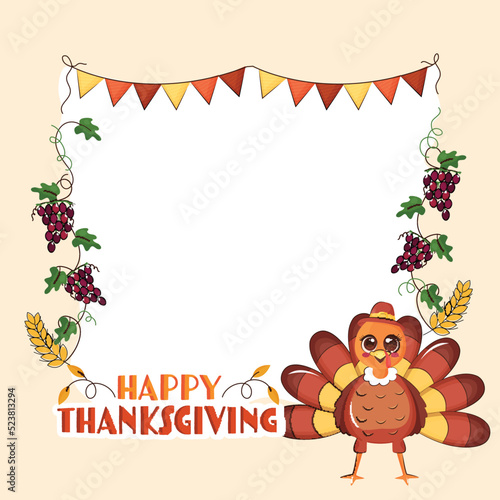 Happy Thanksgiving Background With Turkey Bird  Grapevines  Wheat Ears and Text Space for your Message.