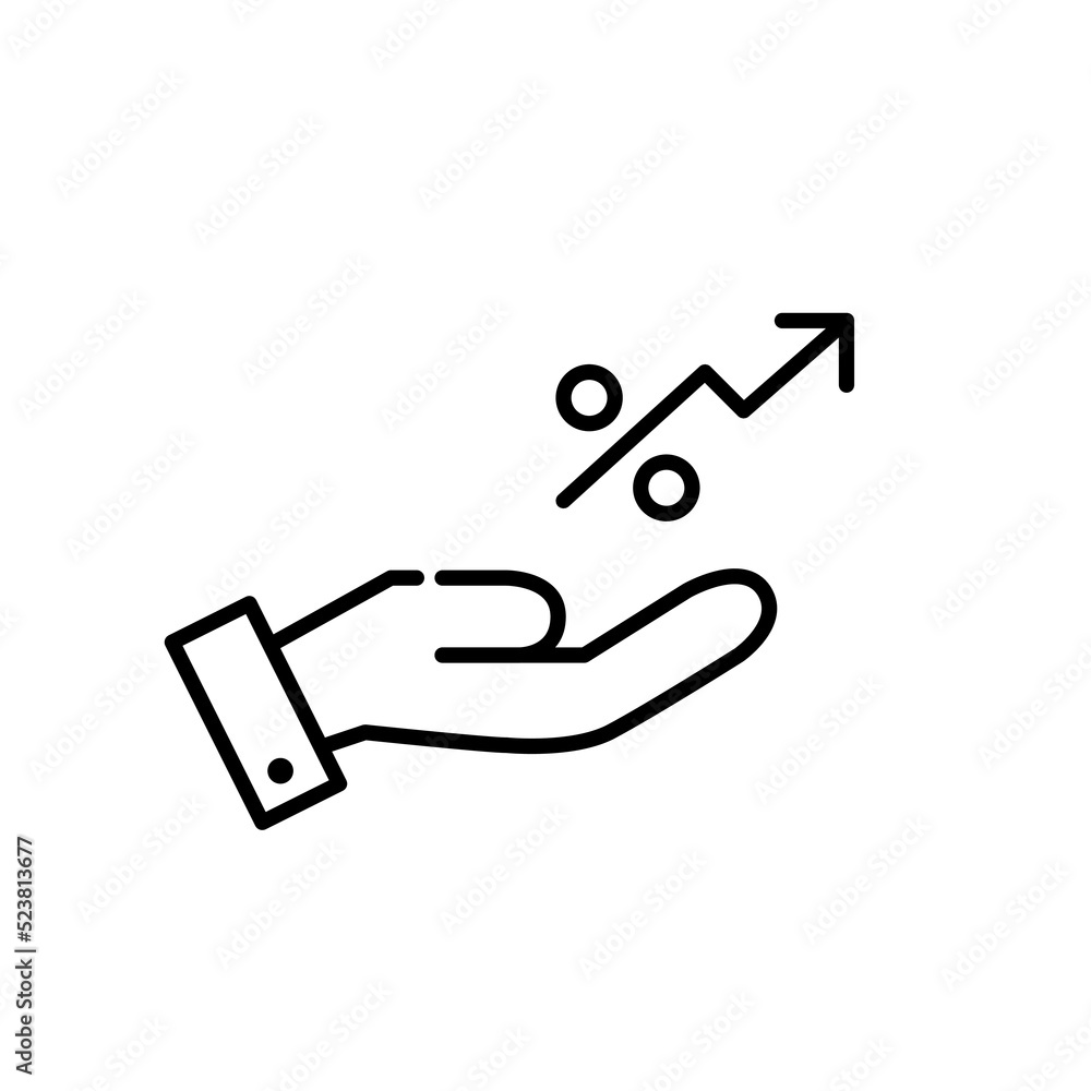 Fototapeta premium Investing in growing market receiving profit. Hand holding growing percent arrow. Pixel perfect, editable stroke line icon