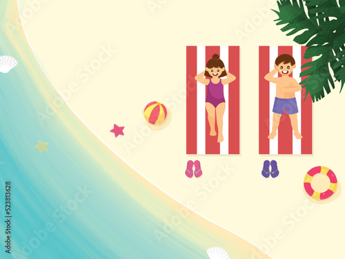 Top View Of Swimmer Kids Relaxing On Sun Bed And Beach View Illustration.