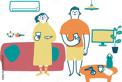 回復にむかってのんびり闘病するカップル　イラスト素材
