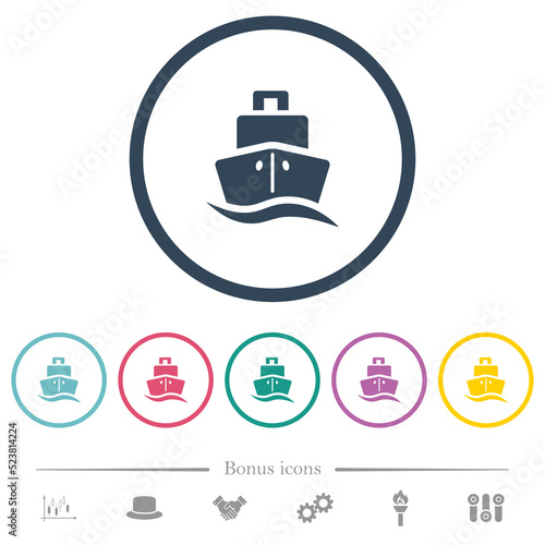 Cruise ship front view solid flat color icons in round outlines