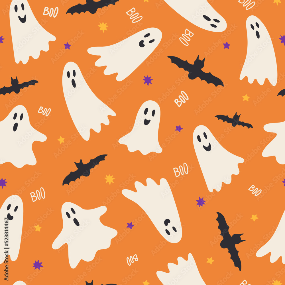 Festive cute seamless pattern with Halloween elements: ghost, bat, stars. Orange background. Vector illustration Festive cute seamless pattern with Halloween elements: ghost, bat, stars. Orange background. Vector illustration