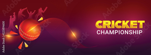 Golden Cricket Championship Text,  Banner or Header Design With 3D Red Ball, and Shiny Silhouette of Batters and Bowlers on Wave Background.