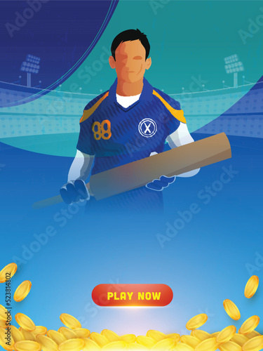 Cricket Championship Concept with Character Illustration of a Batter in Blue Color Jersey, Stadium Background, Earning Money Concept with Golden Coins.