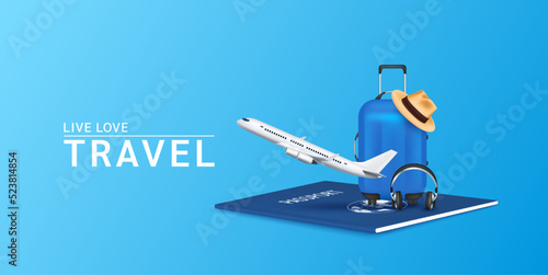 Travels in holiday. luggage blue, hat on passport with airplane is taking off. Can for making advertising media about tourism. Travel transport concept. 3D Vector EPS10.