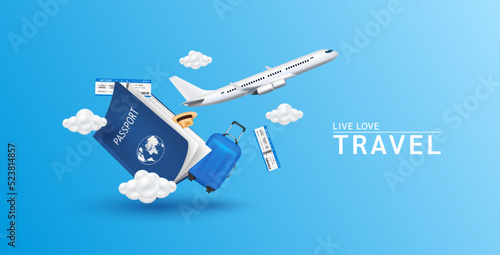 Luggage blue, air ticket float away from passport with airplane is taking off and cloud. Can for making advertising media about tourism. Travel transport concept. 3D Vector EPS10.