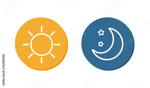 Day and night icon. Sun on orange background. Moon and stars in midnight. Vector illustration