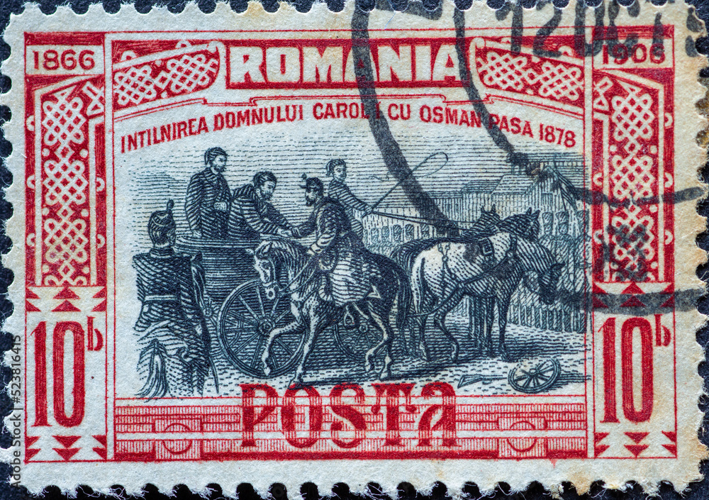 ROMANIA - CIRCA 1906: a postage stamp from Romania , showing a team of horses: Carol I Meets Osman Pasha. Circa 1906