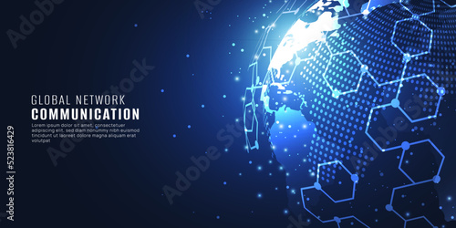 Business online or social media online communication concept. World internet global network technology. Web banner mockup template. Working from office and remote collaboration. Vector Illustration.