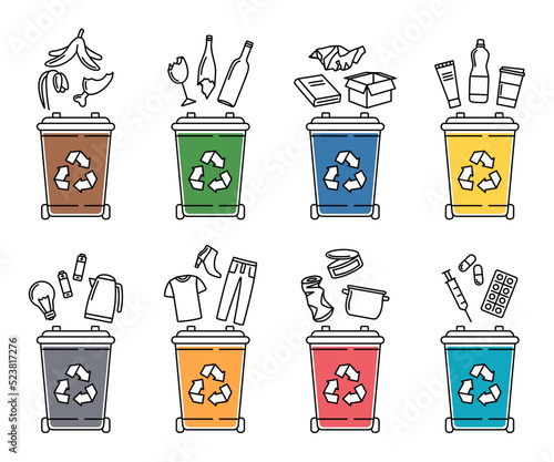 Set of garbage bins for recycling different types of waste. Sorting and recycling waste. Vector illustration