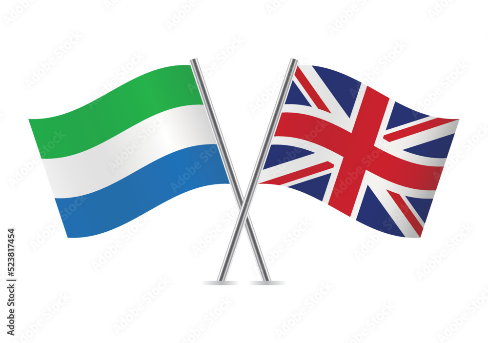 Sierra Leone and Britain crossed flags. Sierra Leonean and British flags on white background. Vector icon set. Vector illustration.