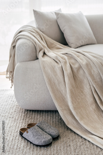 Slippers stand on woven carpet close to new sofa with plaid
