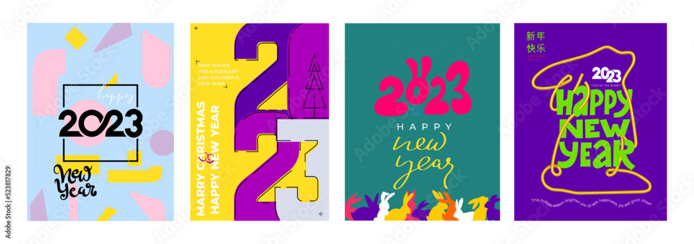 Set of 2023 colorful Happy New Year card, posters. Abstract design typography logo 2023 for celebration and season decoration, branding, banner, cover, social media template. Vector illustration. Set of 2023 colorful Happy New Year card, posters. Abstract design typography logo 2023 for celebration and season decoration, branding, banner, cover, social media template. Vector illustration.