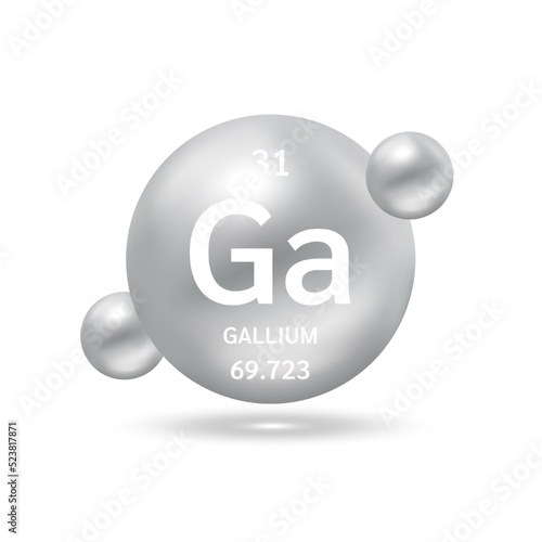 Gallium molecule models silver and chemical formulas scientific element. Natural gas. Ecology and biochemistry concept. Isolated spheres on white background. 3D Vector Illustration.