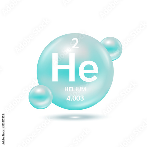 Helium molecule models blue and chemical formulas scientific element. Natural gas. Ecology and biochemistry concept. Isolated spheres on white background. 3D Vector Illustration.